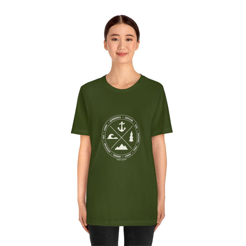 Fundamentals of Discovery - Unisex Short Sleeve Tee.  Mountain, Forest, Water and Anchor Icons