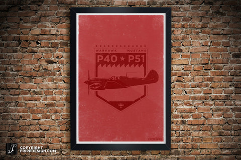 P-40 / P-50 Warhawk / Mustang Fighter Plane Crest Design, Aviation Illustration Poster: 13" x 19"