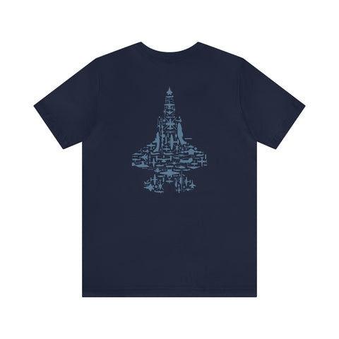 Flight V3.0 Jet Collage T Shirt. Fighter Plane Collage Of Airplanes, Helicopters And Parts. Unisex Jersey Short Sleeve Tee