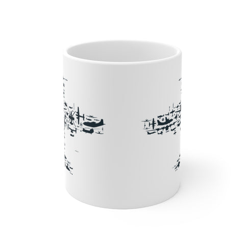 Flight V1.0 Collage Ceramic Mug 11oz. Fighter Plane Collage Of Airplanes, Helicopters And Parts.