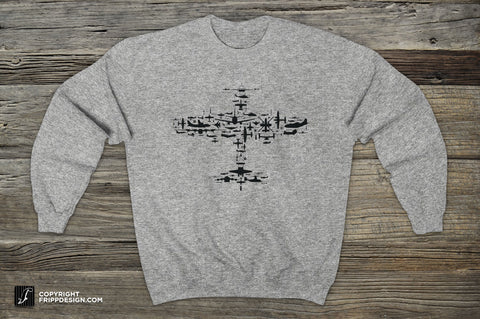 Flight V1.0 Collage Sweatshirt. Fighter Plane Collage Of Airplanes, Helicopters And Parts - Unisex Heavy Blend™ Crewneck Sweatshirt