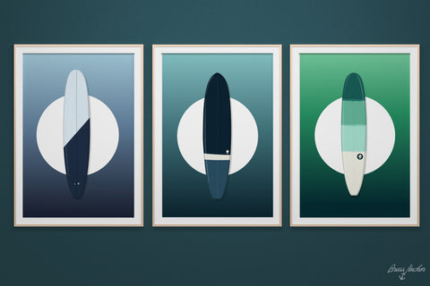 Vintage Surfboard Collection of 3 Gradient Illustrated Prints