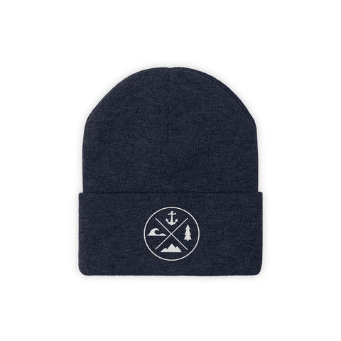 Fundamentals of Discovery - Knit Beanie. Mountain, Forest, Water and Anchor Icons