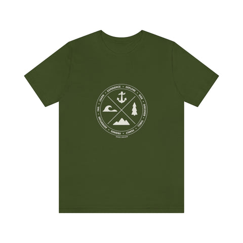 Fundamentals of Discovery - Unisex Short Sleeve Tee.  Mountain, Forest, Water and Anchor Icons