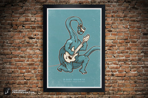 Brontosaurus "B-Boy Bronto" Guitarist. Dinosaur "D-Stones Jurassic Rock Band" Poster
