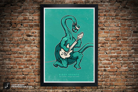 Brontosaurus "B-Boy Bronto" Guitarist. Dinosaur "D-Stones Jurassic Rock Band" Poster