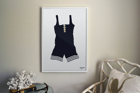 Vintage Bathing Suit Illustrated Print with stripes and gold buttons