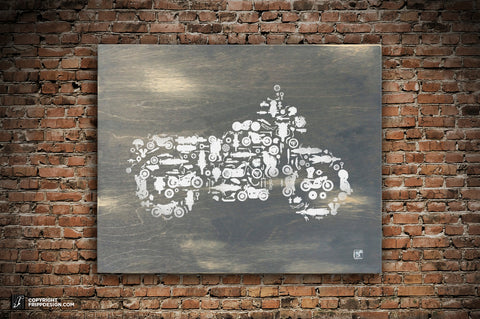 Motorcycle Collage of Bikes, Choppers, Dirt Bikes and Parts on Wood Panel.