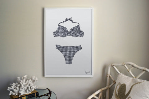 Vintage Bathing Suit in Navy or Black with White Gingham Plaid - Illustrated Print