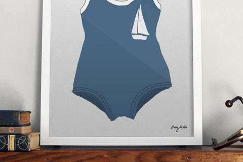 Vintage Baby Kid Youth Toddler Bathing Suit Print with Boat - Print
