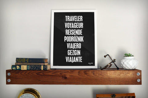 Traveler Poster - White on Black Different Languages. Digital Download